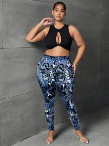 SHEIN SXY Plus Size Women's Sexy Mid-Rise Denim Effect Print Colorful Knitted Leggings,Suitable For Street, Casual, Sexy, Daily Travel, Shopping, Dating, Cool,Comfortable To Wear,Easy To Match&Looks Slim,Accent Your Body,Flatter The Figure