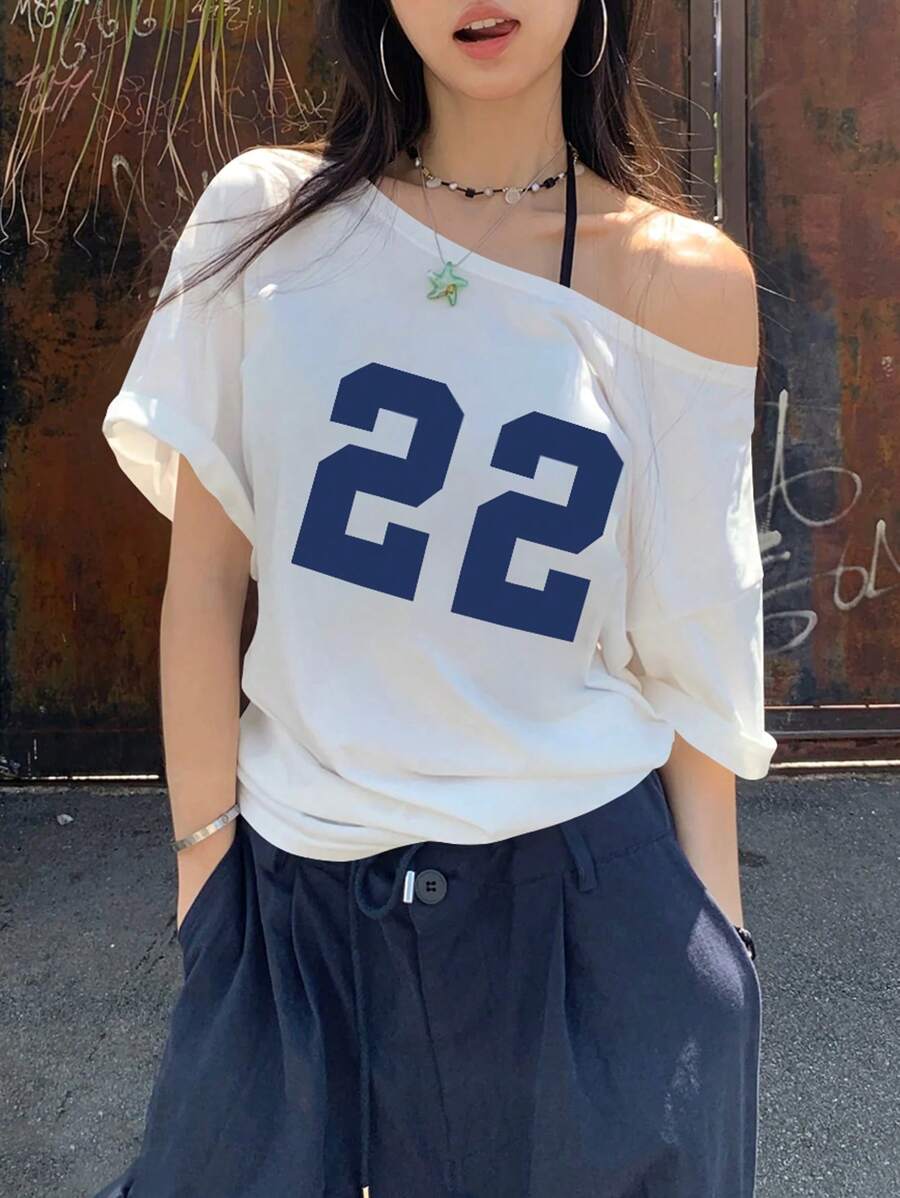 INAWLY 女士数码印花圆领可变肩短袖 T 恤，夏季图案 T 恤女式上衣 - 白色 - 查看 1