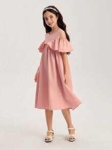 Tween Girl Cute & Elegant Ruffle Ruffle Pink Dress For Everyday Wear - Pink - View 6