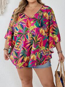 SHEIN CURVE+ 大码 V 领热带花卉印花荷叶边袖宽松衬衫，适合度假穿着