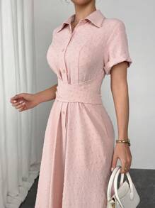 Chiquease Shirt Collar Single Placket Design Waist Twist Tie Up Floral Print Dress - Pink - View 4