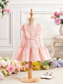 SHEIN Babygirl Cute Pink Textured Ruffle Trim Summer Dress - Pink - View 5
