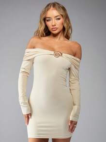 MISSGUIDED 露肩迷你连衣裙长袖Bodycon Club派对晚间冬秋假日节特别活动褶皱细节优雅别致时尚 - 杏色 - 查看 4