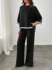 RueChic Conjunto casual de suéter holgado de punto con mangas de murciélago y pantalones en talla grande para mujer