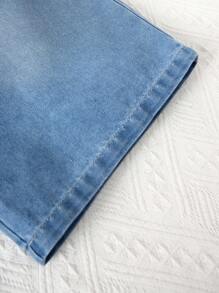 Girls Fade Wash Loose Denim Shirt With Rolled Cuffs & Loose Straight Leg 5-Pants Casual Outfit, Suitable For Everyday Wear, Simple & Fashionable Design - Light Wash - View 5