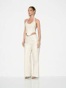 KIZN Designer Wide Leg Pants Straight Cut High Rise Trousers With Wrap Belt Contemporary Minimalist Work Office Professional Formal Lounge Wear - Beige - View 6