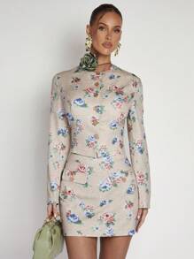 COSMINA Conjunto de 2 piezas para mujer, elegante estampado floral beige, para primavera/verano - Beis - Ver 4