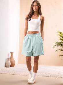 Manfinity VCAY Unisex Casual Knit Mid-Waist Elastic Waist Straight Leg Solid Color Shorts, Suitable For Daily Wear - Mint Green - View 3