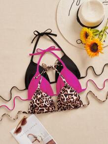 SHEIN Swim Curve 3 件大码女士泳装上衣，多色豹纹，细肩带，简约日常比基尼上衣 - 彩色 - 查看 1