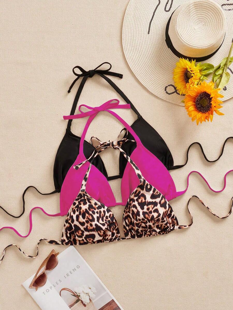 SHEIN Swim Curve 3 件大码女士泳装上衣，多色豹纹，细肩带，简约日常比基尼上衣 - 彩色 - 查看 1