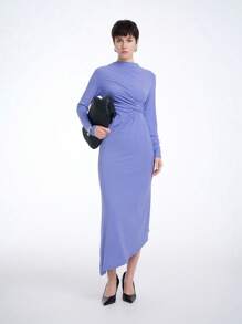 SHEIN LUNE 高领褶皱腰扭纹不对称下摆长袖休闲连衣裙，秋冬 - 藍色 - 查看 5