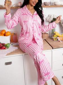 女士条纹蝴蝶结装饰睡衣套装，长袖上衣和裤子 - 粉色 - 查看 1