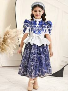 SHEIN Young Girl Loose Cute Traditional Elegant Stand Collar Shirt And Skirt 2pcs Set With Retro Pattern - Blue - View 1