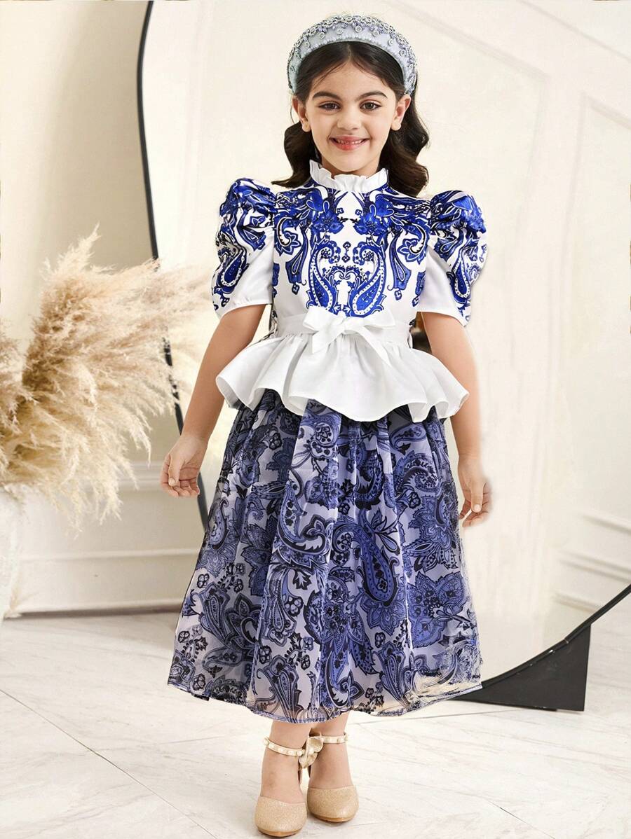 SHEIN Young Girl Loose Cute Traditional Elegant Stand Collar Shirt And Skirt 2pcs Set With Retro Pattern - Blue - View 1