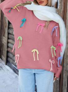 Aveloria Affinna Maglione lento donna alla moda e colorato con decorazione a fiocco, design di stile, maglione oversize