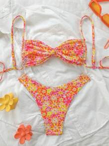 Swim Mod Women Spring Break Ditsy Floral Twisted Halter High Cut Sexy Spaghetti Strap Bikini Swimwear Set For Summer Beach Vacation - Multicolor - View 2