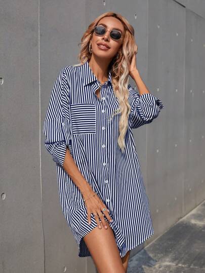SHEIN LUNE Women's Striped Rolled Sleeve Shirt Dress