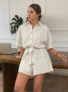 Serisse Bộ đồ liền thân tay ngắn màu trơn dành cho nữ, trang phục thường ngày đơn giản - Nhiều màu - Xem 4