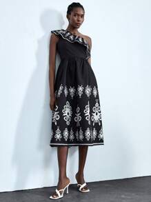 Chiquease Robe mi-longue sans manches pour femmes avec épaule découpée et bordure à volants, imprimé floral