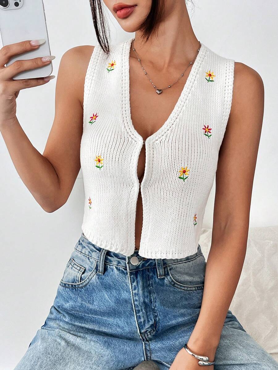 SHEIN Unity Áo len cardigan dệt kim thêu hoa không tay cho nữ, dễ mặc, đa năng - Nhiều màu - Xem 1