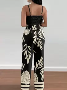 INAWLY 2 piezas Mono holgado de pierna ancha con estampado floral, cintura elástica y nudo delantero para mujeres