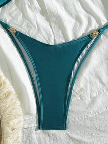 SHEIN Swim Women Summer Metal Decor Spaghetti Strap Backless Bra & Triangle Bikini Set Beach Vacation - Teal Blue - View 4