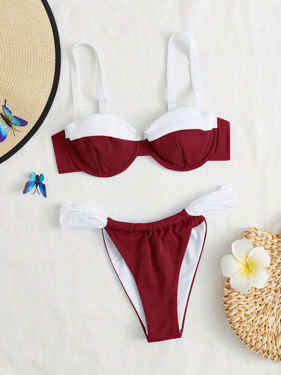 SHEIN Swim Contrast Color Splice Bikini Swimwear, For Beach Vacation - Burgundy - View 1