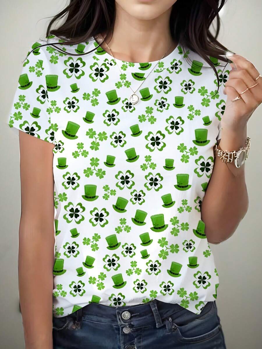 INAWLY St. Patrick's Day Clover Digital Print Women's Regular Fit Short Sleeve Crew Neck T-Shirt
