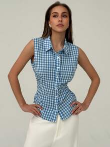 Aloruh Camisa de mujer casual/de trabajo sin mangas a cuadros