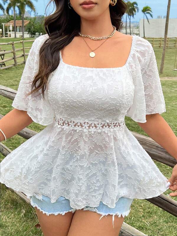 Sunnyshic Plus Size Women's Romantic Date Night Floral Lace Patchwork Blouse