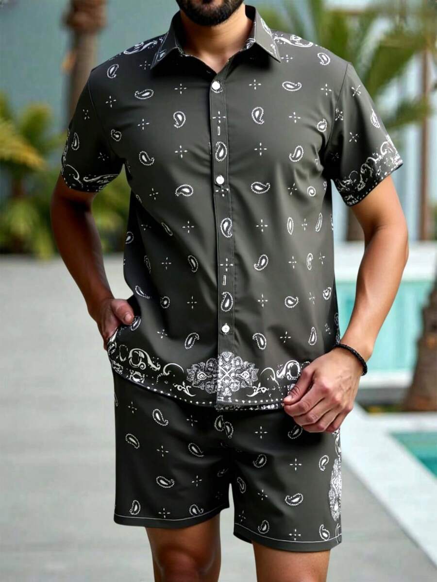 Manfinity RSRT Conjunto de camisa de manga corta para hombre, incluye parte superior de manga corta y pantalones cortos, uso casual y sencillo de moda para el día a día