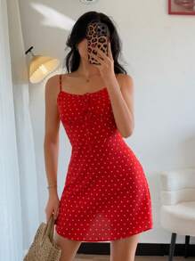 Islaluna Vestido sexy de tirantes finos con estampado de corazón y pequeñas flores para mujeres