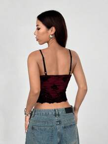 INAWLY 法式性感蕾丝撞色露背吊带背心女式图案 T 恤女式上衣 - 玫紅色 - 查看 2