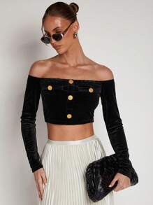 COSMINA Women's Elegant Black Metal Buckle Cropped Top, Spring/Summer - Black - View 5