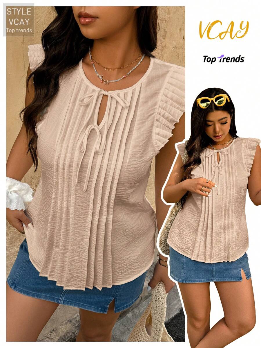 Calvaya Áo cánh dệt không tay cổ chữ V buộc phía trước màu trơn cho nữ - Màu Khaki - Xem 1