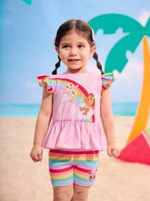 CoComelon X SHEIN 2pcs/Set Baby Girl Rainbow Cloud & Friends Pattern Cap Sleeve Top And Rainbow Striped Leggings Summer Outfit - Multicolor - View 4