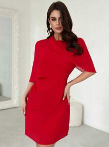 SHEIN Privé Women's Elegant Minimalist Charming Fashion Commuting Date Daily Wear Chiffon Draping Collared High Waist A-Line Black Mini Dress