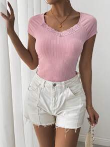 SHEIN LUNE Women Lace Trim Crew Neck Short Sleeve Casual T-Shirt, Suitable For Leisure & Holiday - Pink - View 1