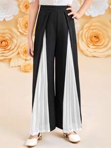 SHEIN Pantalones negro sólido con parches y blanco plisado para niña preadolescente, pantalones casuales y elegantes negros, temporada de vuelta al colegio