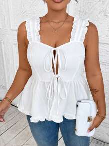 SHEIN Clasi Plus Size Solid Color Front Tie Wide Strap Casual Shirt - White - View 5