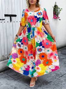 Breezaya Vestido de mujer talla grande con estilo bohemio, cintura ceñida, falda en línea A, mangas abullonadas y cuello redondo con estampado floral