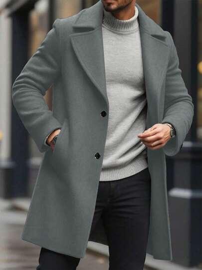 Manfinity Homme معطف أنيق متين وأحادي الصدر بياقة صفا للرجال، للخريف والشتاء