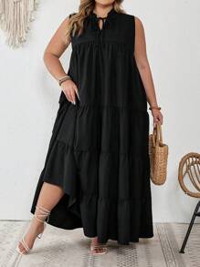 SHEIN CURVE+ Vestido largo talla grande con cuello de corbata, bajo con volantes y mangas acampanadas, estilo bohemio para vacaciones