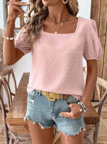 SHEIN LUNE 女士休闲纯色露背系带泡泡袖方领衬衫，春夏可爱上衣，夏季上衣，露脐上衣，女士度假装，女士外出上衣，休闲款 - 粉色 - 查看 6