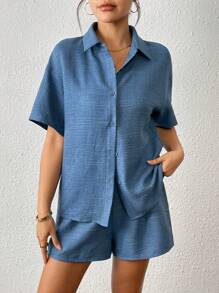 Chiquease 2 件套女士假日休闲纯色纹理短袖衬衫和短裤套装