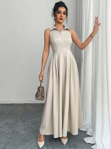Chiquease Women Elegant Pleated Sleeveless Collared Dress