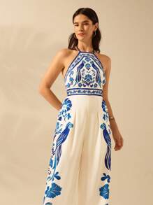 CAJUNI Women's Boho Ginkgo Leaf, Parrot, Blue & White Printed Halter Backless Tie Front Wide Leg Jumpsuit, Casual Summer Beach Wear