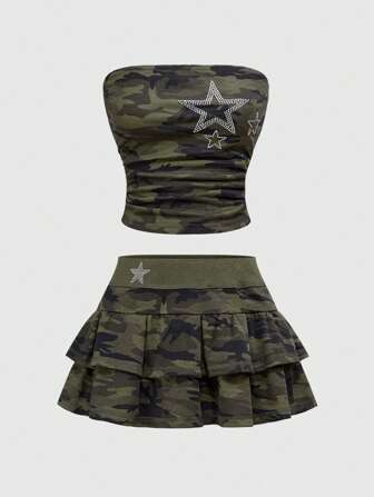 J-Fashion Conjunto de 2 piezas para mujer con top corto y falda mini estampado camuflaje con estrellas