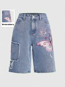 ROMWE Fairycore Women's Summer Casual Butterfly Embroidered Denim Shorts - Blue - View 1
