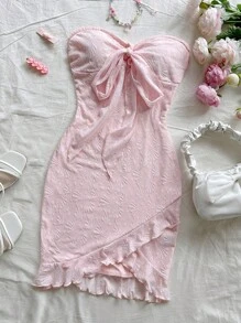 Soleia Plajă tricot jacquard tip bandeau cravată tiv cu fundă rochie asimetrică pentru femei, rochie de Paște, roz, rochii sexy pentru femei, rochie mov, ziua St Patrick, dantelă, rochie fără bretele, rochie din dantelă, rochie de domnișoară de onoare. Îmbrăcăminte femei, ținută de concert country, ținute de vacanță, rochie boho femei - Baby Pink - View 4